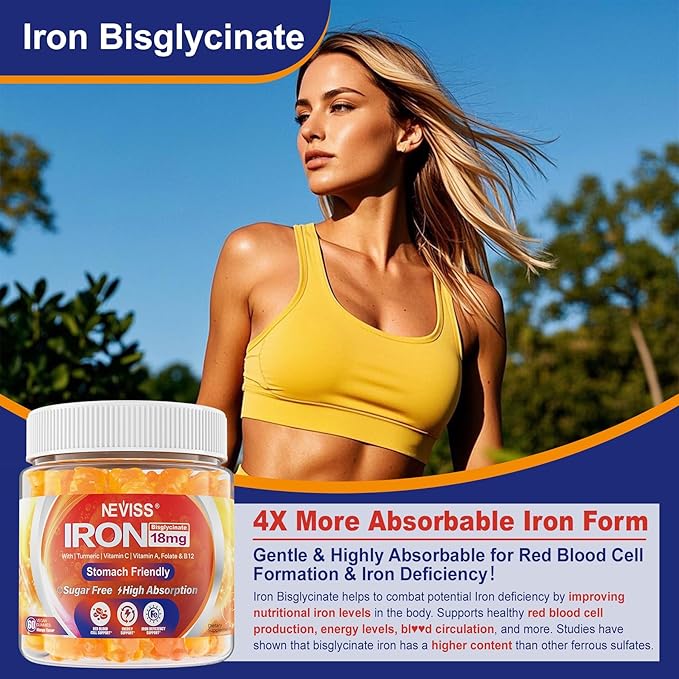 Vegan Iron Gummies Supplement with Vitamin C B12 Folate &amp Turmeric - Energy &amp Immune Health | Gummy Iron Bisglycinate 18mg Gentle &amp Non-Constipating - Women &amp Men 2 Pack