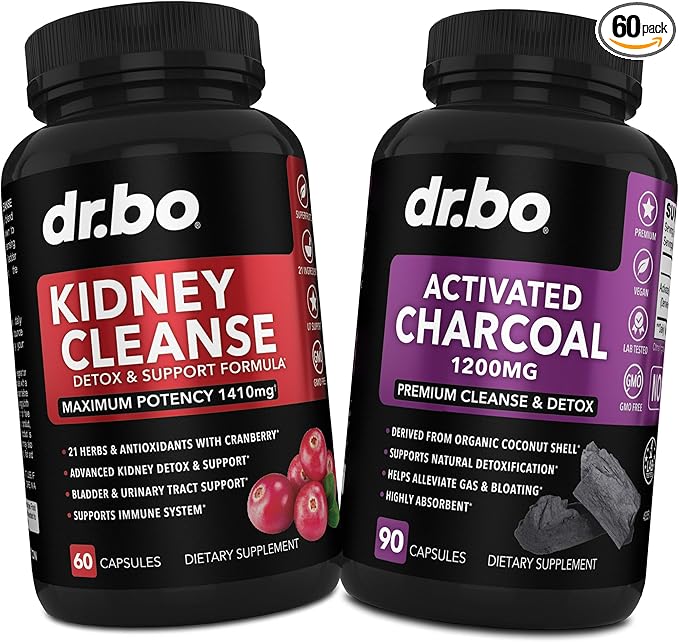 DR. BO Kidney Cleanse Detox &amp Activated Charcoal - Natural Cranberry &amp Uva Ursi Extract to Support Kidneys Bladder &amp Urinary Tract Health - Coconut Charcoal Pills for Stomach Gas &amp Bl