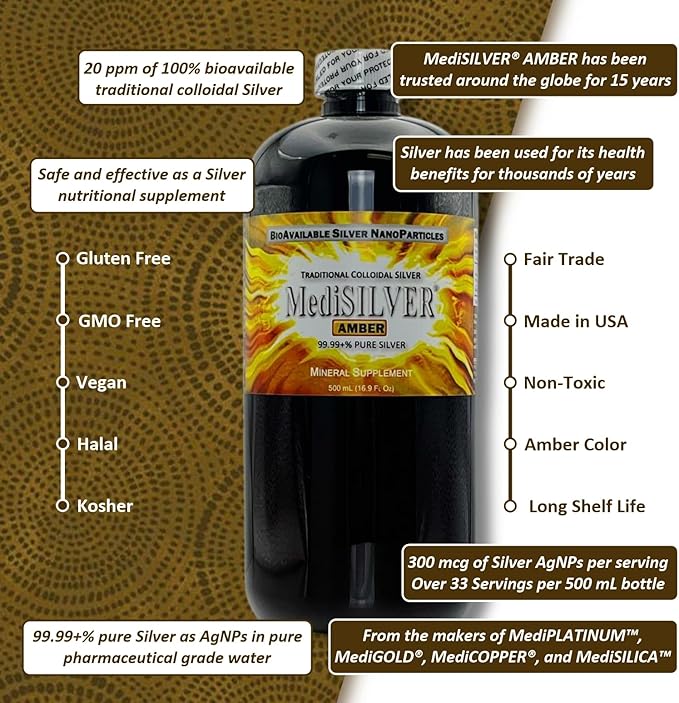 MediSILVER Amber Immunity Booster Traditional True Colloidal Silver AgNP Nutrient - 1 Gallon in Amber Glass Jug