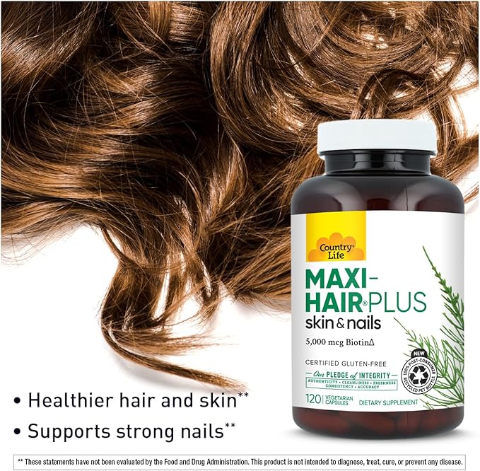 Country Life Maxi-Hair Plus Biotin Supports Healthy Hair Skin and Nails Daily Supplement 120 ct