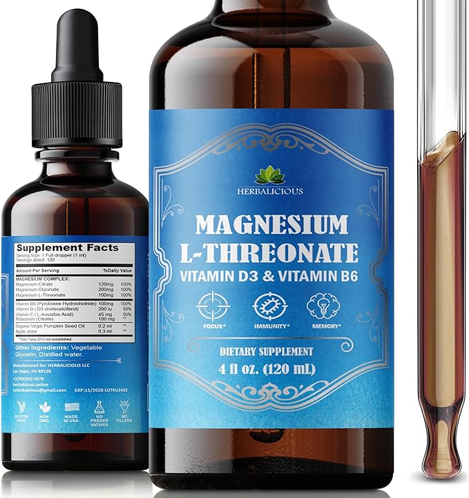 HERBALICIOUS Magnesium Complex Liquid with Vitamin D3 &amp B6 – High Absorption Citrate Glycinate &amp L-Threonate – Supports Energy Mood Relaxation Bone Health &amp Immunity – 4 oz Liquid Drop