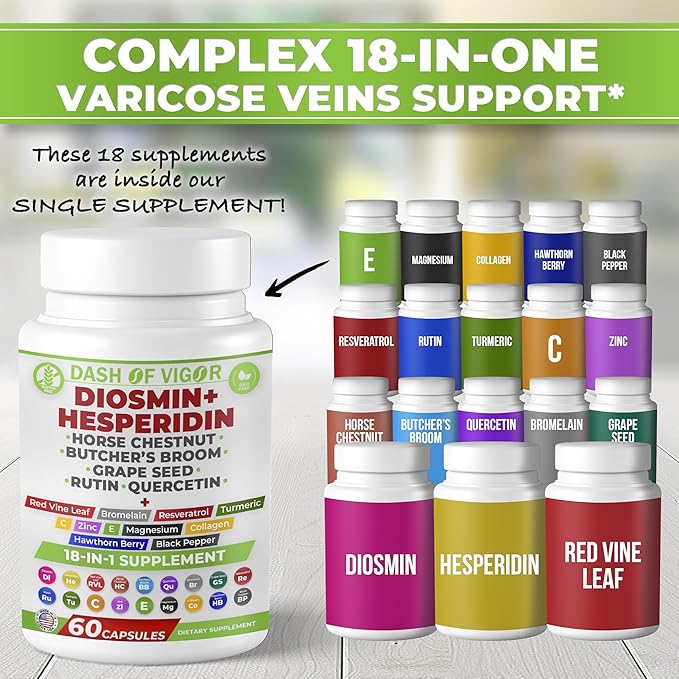 Dash of Vigor 18-in-1 Diosmin Hesperidin Supplement Quercetin with Bromelain Zinc Vitamin C with Rutin Supplement Horse Chestnut Extract Butcher's Broom Extract USA 60 Capsules