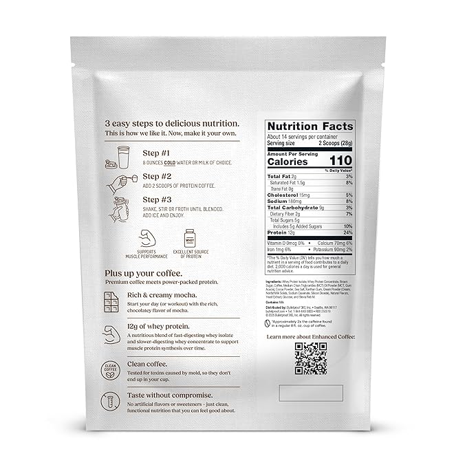 Bulletproof Iced Protein Coffee Mocha 12g Whey Protein + MCT Oil 170mg Caffeine Instant Coffee from Real Beans &amp Cocoa Tested for Toxins No Artificial Flavors &amp Sweeteners 14 Servings