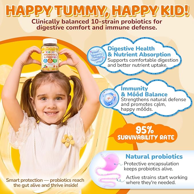 Kids Probiotic + Prebiotic Fiber Gummies 5G 12 Billion CFU Probiotic &amp Veggie Fruit Fiber w/ Organic Inulin Methyl B12 B6 D3 C Lutein for Children's Digestive &amp Gut Immune Health Sugar F
