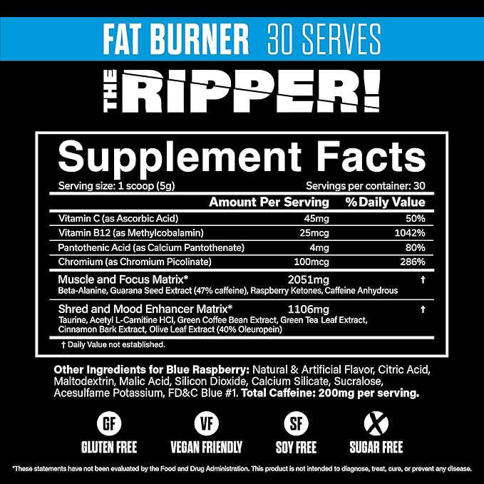 JNX SPORTS The Ripper! Fat Burner Pre Workout Powder for Men &amp Women Thermogenic Fat Burning &amp Appetite Suppressant Boost Energy &amp Endurance Blue Raspberry 30 Servings