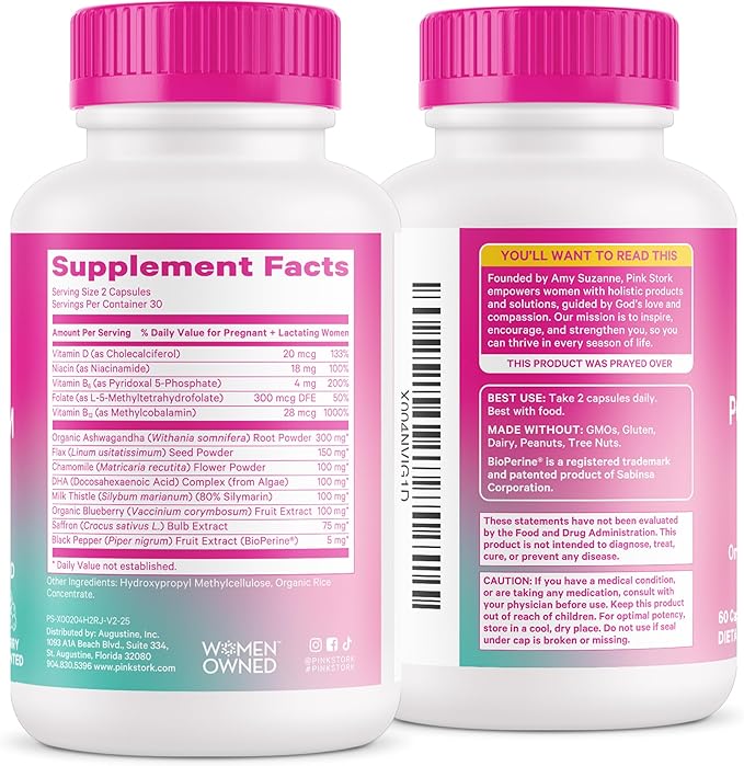 Pink Stork Postpartum Mood Support - Postnatal Hormone Balance for Women - Breastfeeding Friendly New Mom Essentials - Ashwagandha Chamomile &amp Vitamin D - Stress &amp Mood 60 Capsules