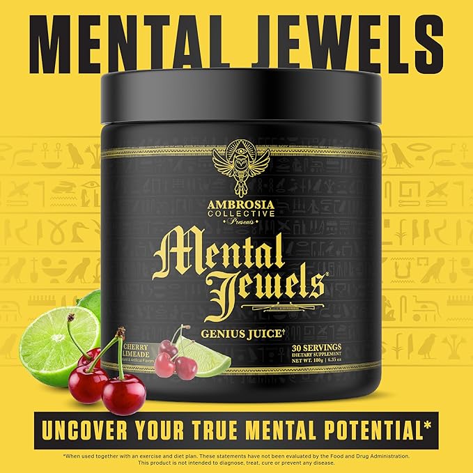 Ambrosia Mental Jewels Nootropic Brain Supplement Powder | Alpha GPC Bacopa &amp Phosphatidylserine | Memory Focus &amp Concentration Support | 30 Servings | Cherry Limeade