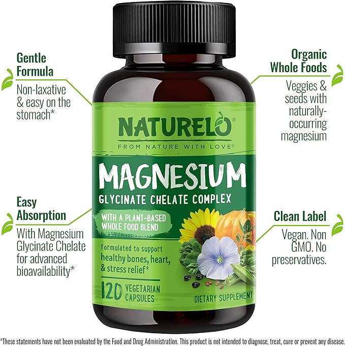 NATURELO Magnesium Glycinate Chelate Complex - 200 mg Magnesium with Organic Vegetables to Support Sleep Calm Muscle Cramp &amp Stress Relief - Gluten Free Non GMO - 120 Capsules