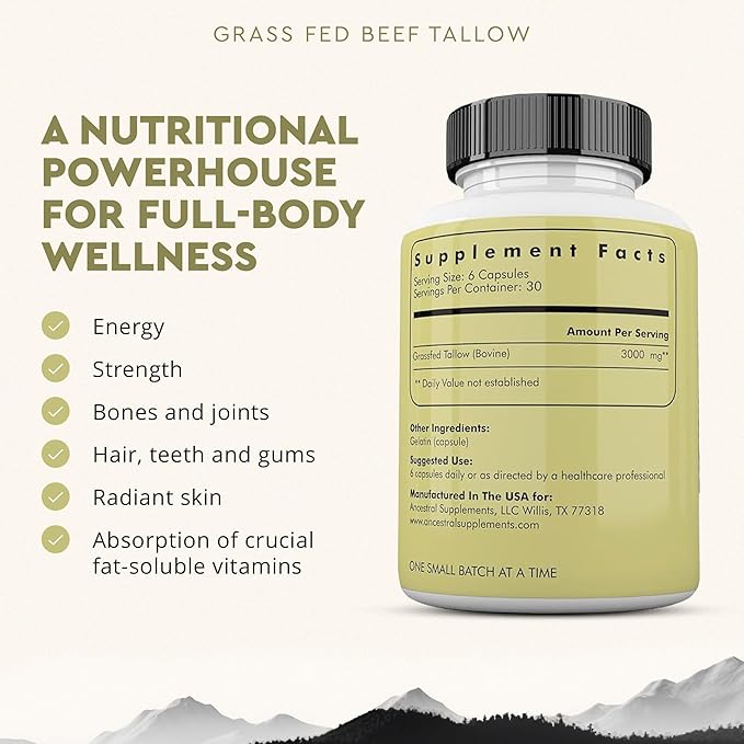 Ancestral Supplements Grass Fed Beef Tallow Capsules 3000mg Nourishing Kidney Fat Supplement Supports Bones Teeth Gums Skin Immune and Overall Health Non-GMO 180 Capsules