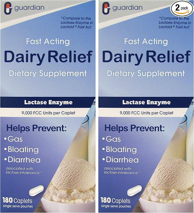 guardian Dairy Relief Fast Acting Lactase 360 Caplets 9000 FCC Maximum Strength Lactose Intolerance Pills Lactase Enzyme Supplement (360 CT)