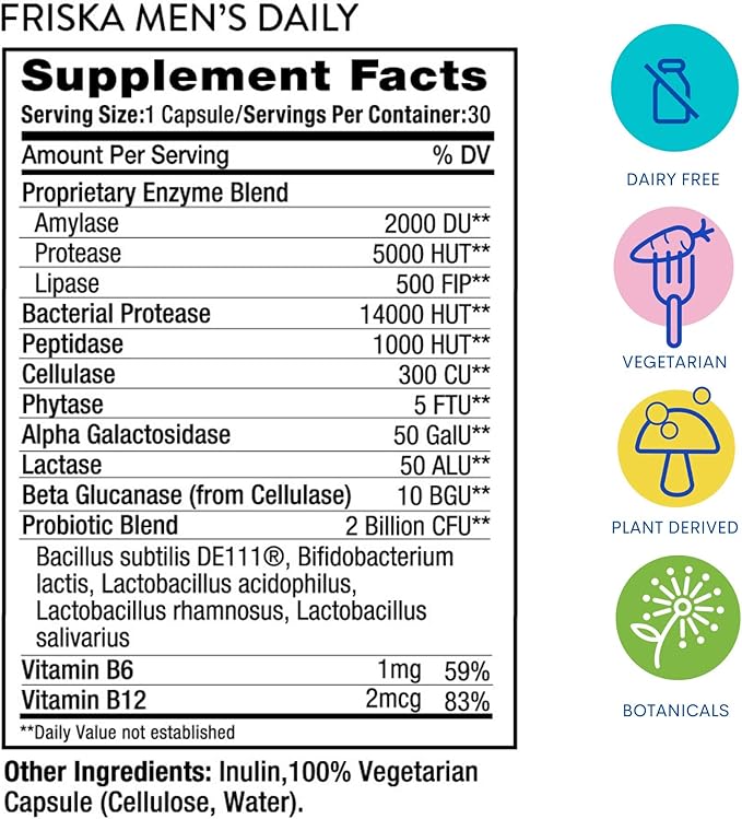 Friska Men’s Daily Gut Support - Digestive Enzymes Probiotics to Help Break Down Foods Supports Energy &amp Nutrient Absorption with Vitamins B6 &amp B12 90 Capsules