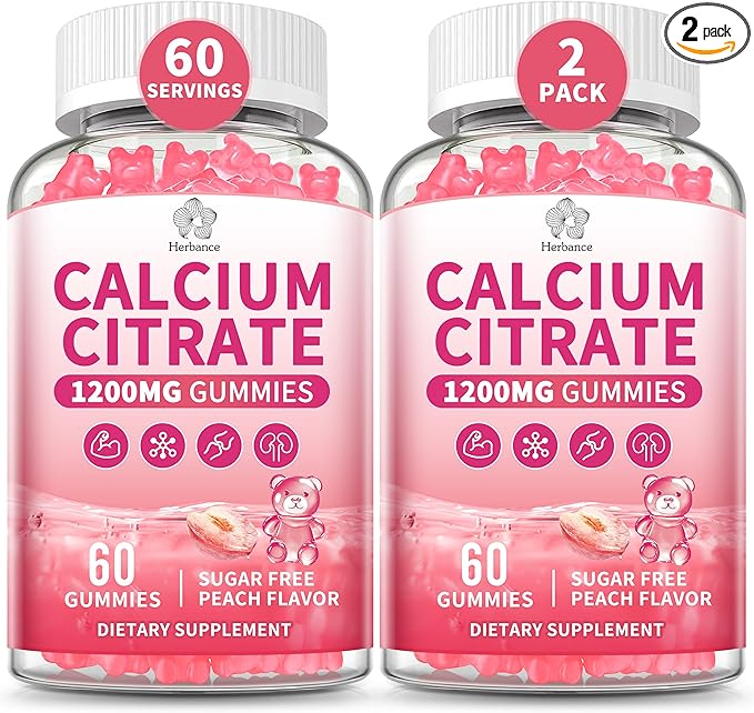 Pure Calcium Citrate 1200 mg Gummies for Adults High Absorption Calcium Supplements for Women &amp Men Sugar Free Non-GMO Gluten Free Supports BoneTeethMuscle &amp Immune - Peach Flavor