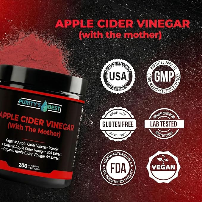 Purity’s Best Apple Cider Vinegar with The Mother – 300 mg Per Serving – Supports Healthy Digestion Metabolism &amp Immune Function – 200 Vegan Capsules