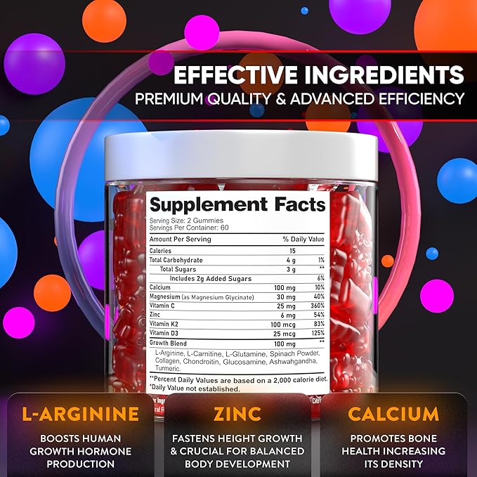 BIOTEQUELAB Height Growth Increase Gummies Vitamins Grow Tall Supplement Calcium Magnesium Zinc Ashwagandha Glucosamine Multivitamin for Teens Kids 120 Gummies