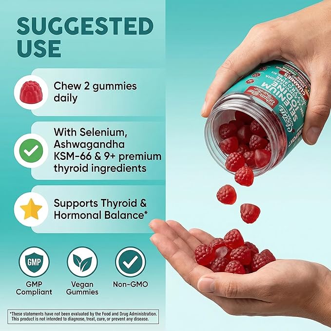 ThyroGlow Thyroid Support Gummies Selenium Iodine KSM 66 Ashwagandha L Tyrosine Vitamin D C B12 B6 Turmeric Blueberry Holy Basil Folate Bladderwrack By Clean Nutra