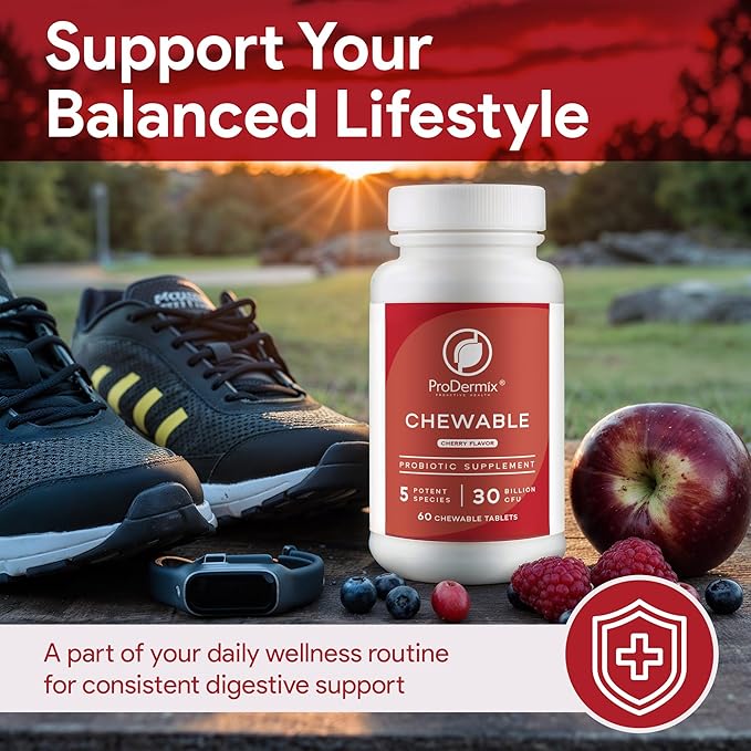 Chewable Probiotic 30 Billion CFU Pleasant Cherry Flavor Probiotics for Digestive Health Propietary Blend of Probiotics Including Acidophilus Kosher (60 Tablets)
