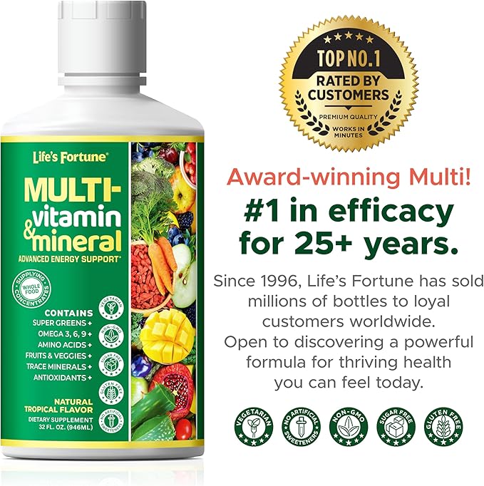 Life's Fortune Liquid Multivitamin for Adults Men &amp Women Teens – High Absorption Daily Vitamins – Trace Minerals Amino Acids Biotin L-Arginine – Tropical Flavor Sugar Free 32 oz (Pack of 2