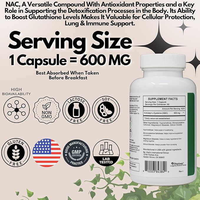 PRISTINE'S N-Acetyl L-Cysteine (NAC) 600MG (2 Pack) Immunity Support Supplement - 120-Day Supply - Potent Lung &amp Liver Antioxidant Supplement Capsules - Mood Support - Vegan Glutern Free Non GMO