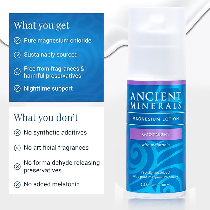 Ancient Minerals Magnesium Lotion Goodnight – Zechstein Magnesium Chloride Cream with Melatonin MSM and Organic Oils Nighttime Topical Lotion 3.3 oz