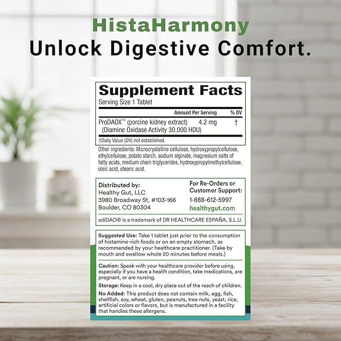 Healthy Gut HistaHarmony | Delayed Release DAO Enzyme Supplement | 30000 HDU Diamine Oxidase Histamine Blocker | 60 Servings