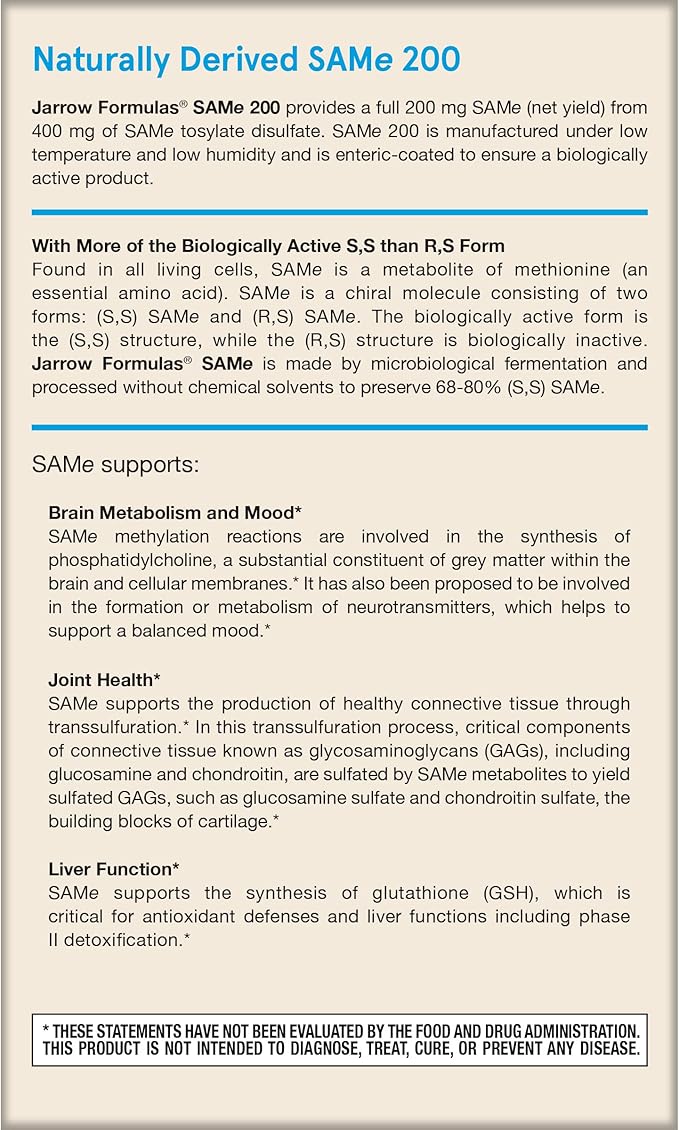 Jarrow Formulas Same 200 mg Supports Joint Health Liver Function Brain Metabolism 20 Tablets Up to A 20 Day Supply