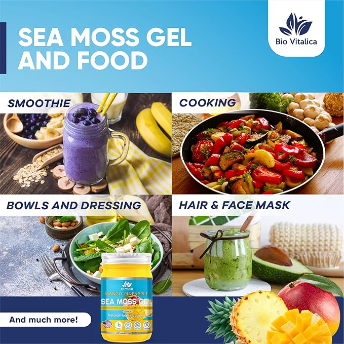 Sea Moss Gel by BioVitalica - Irish sea Moss raw Organic - Premium Quality - Dr Sebi Vegan superfood for Cells - 100% Natural Seamoss Gel - (Pack of 1 Mango-Pineapple)