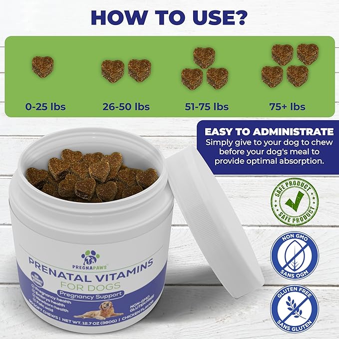 Dog Prenatal Vitamins - Supports Healthy Pregnancy Puppy Development &amp Lactation - Rich in Folic Acid Iron &amp Calcium - Advanced Prenatal Supplement for Pregnant and Nursing Dogs - 90 Soft Ch