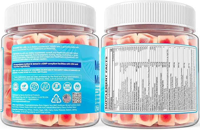 Methylated Multivitamin for Women &amp Men Gummies w/ Omega-3 Calcium D3 K2 Methylfolate &amp B12 TMG Daily Vitamins Mag CoQ10 Probiotic for 18 30 40 50 60 70+ Overall Health - Vegan Sugar
