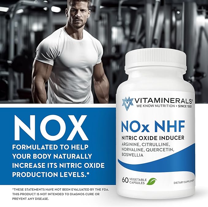 Vitaminerals 122 NOx NHF L-arginine L-citrulline L norvaline Plus B6 Quercetin White Willow Boswellia &amp Enzymes | 60 Veggie caps | 30 Servings