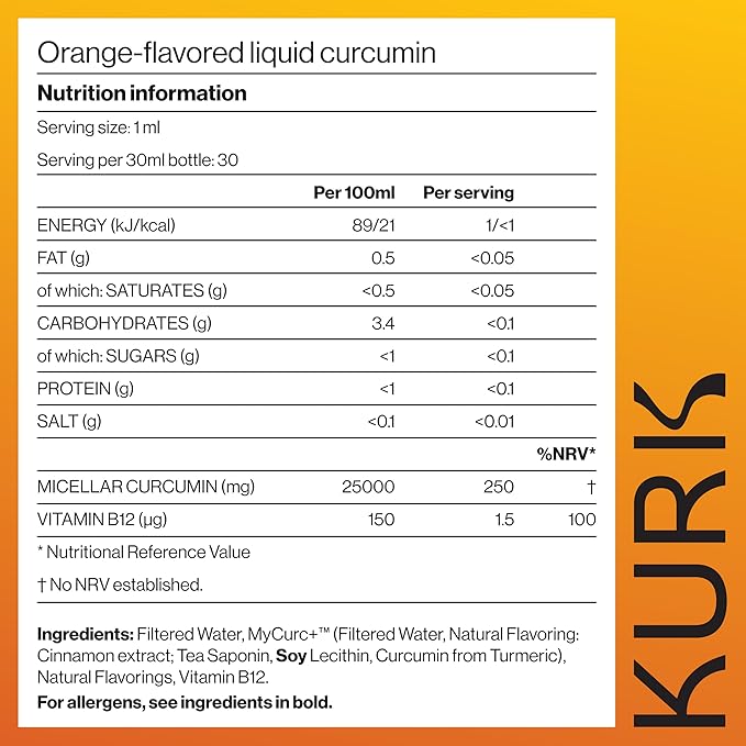 Kurk Essential Liquid Turmeric Curcumin Supplement Turmeric Drops Oil for Advanced Everyday Wellness Focus &amp Energy 185x More Absorbable Than Powders Plant-Based (Orange) (1 Fl Oz)