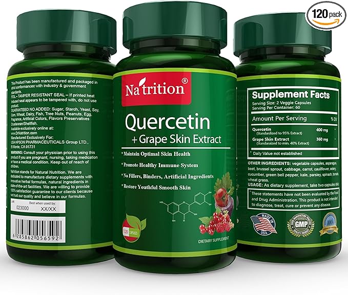 Quercetin with Grape Skin Extract - Plant-Based Supplement to Support Immune System Function Respiratory Health &amp Body's Natural Response to Occasional Allergies - 400mgh 120 Veggie Capsule