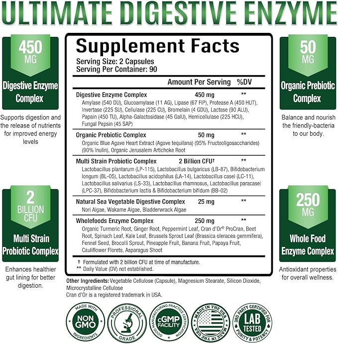 Purely Optimal Digestive Enzymes for Women and Men – Multi-Enzyme Supplement for Bloating Relief Digestion and Heavy Meal Support – with Probiotics and Prebiotics for Gut Health – 180 Capsules