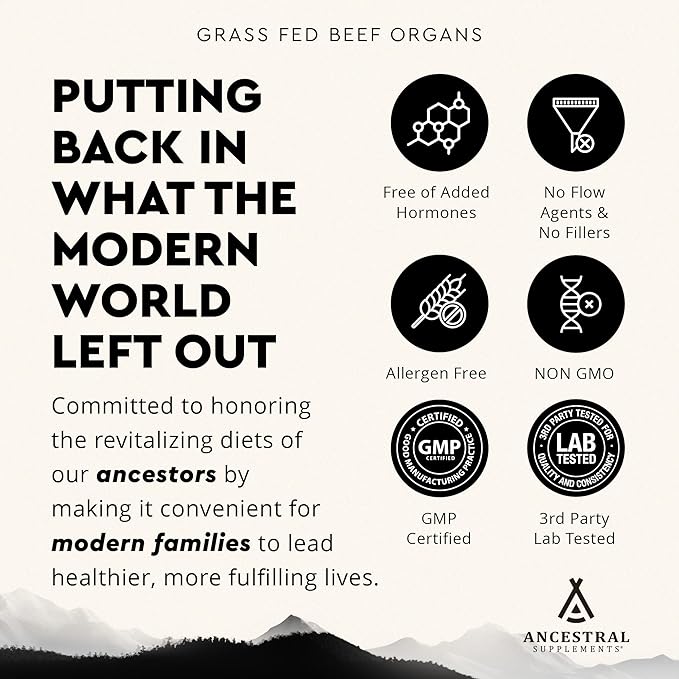 Ancestral Supplements Beef Liver &amp Beef Organs Bundle – Supports Energy Immunity &amp Whole Body Wellness – Grass Fed Pasture Raised Multivitamin with Liver Heart Kidney Pancreas &amp Splee