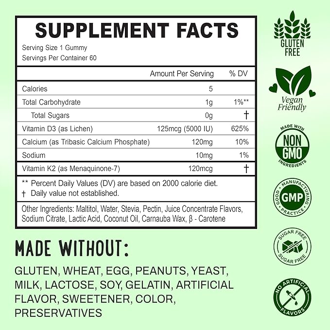 OH MY CHEWY Double-Flavored Vitamin D3 K2 &amp Calcium Fluffy Gummies - Supplement for Healthy Teeth Bone &amp Energy - 5000 IU D3 120 mcg K2(MK-7) 120 mg CA - Vegan &amp Non-GMO - 60 Count
