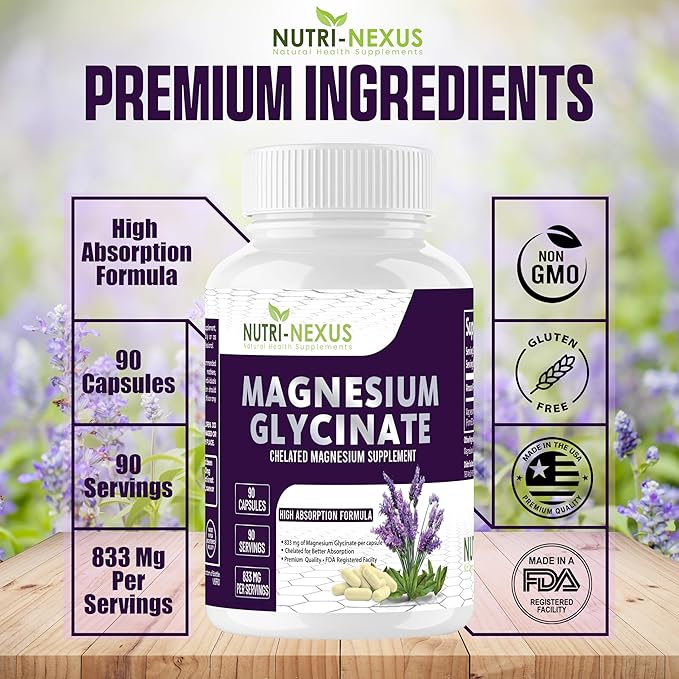 Magnesium Glycinate 833mg - 90 Vegan Capsules | Gluten Free High Absorption Chelated Magnesium Glycinate for Sleep Muscle Heart Metabolism Support |
