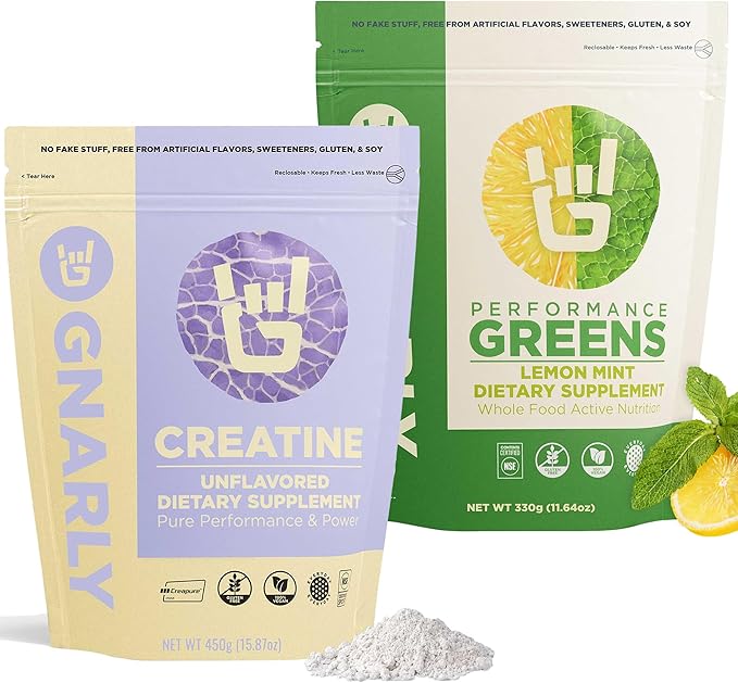Gnarly Nutrition Creatine Powder Unflavored (16.05oz) and Gnarly Performance Greens Lemon Mint (11.64 oz)