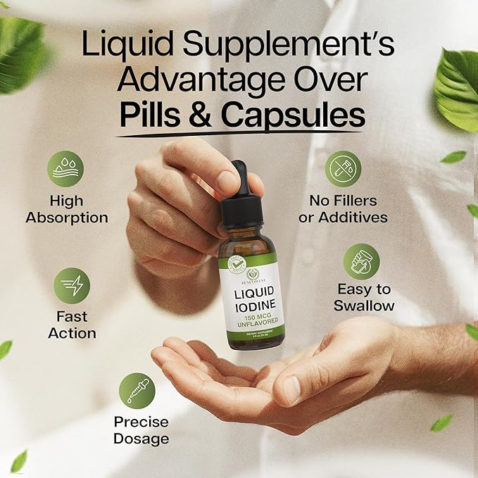Liquid Iodine Drops – 1300 Servings Potassium Iodide for Thyroid Metabolism &amp Detox Support – 2X Absorption – 1 Year Supply – USA Made Gluten Free Vegan – 2 Fl Oz