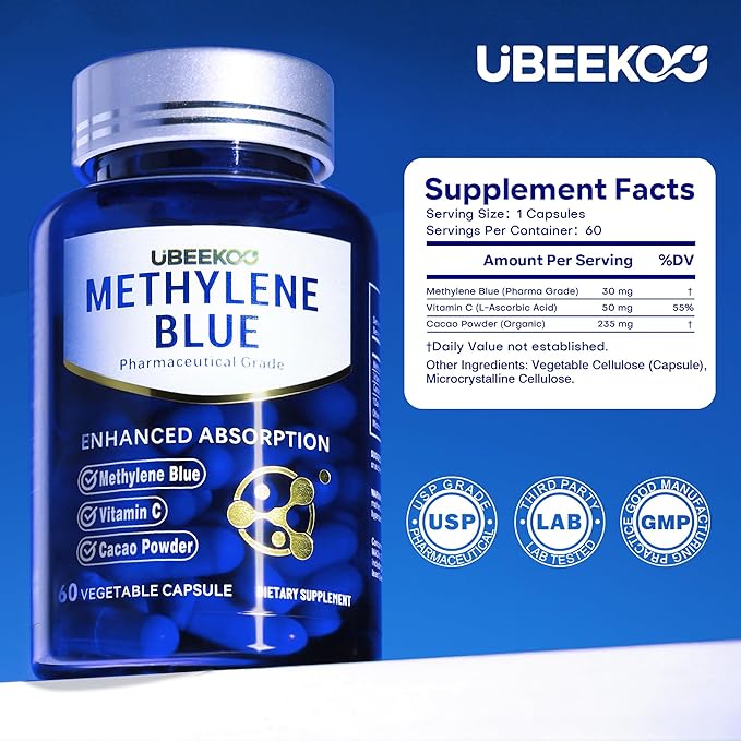 30mg Methylene Blue Capsules Pharmaceutical Grade Methylene Blue Supplement with Vitamin C and Organic Cacao 60 Vegan Capsules
