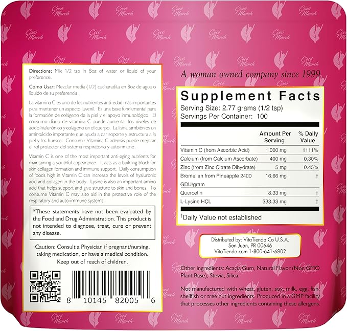 Cocó March N.M.D Vitamin C Powder 1000 mg – Immune Support Supplement with Zinc Bromelain Quercetin &amp L-Lysine Supports Collagen Production Vegan Gluten &amp Dairy Free Keto Friendly 10 oz