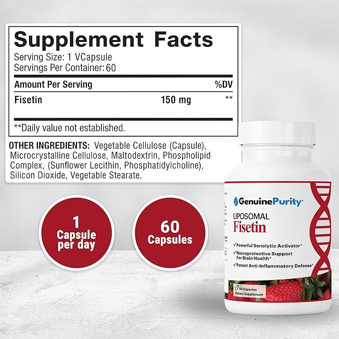 Fisetin 150mg | Supplement for Aging Cognitive Support | Pure Fisetin Supplement - Powerful Serving Size | Gluten Free Vegan USA Made Non-GMO | 60 Capsules