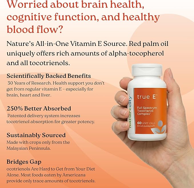 NatureCity True-E Full Spectrum Tocotrienols Vitamin E &amp Natural Alpha Tocopherol Supplement | Sustainable Vitamin E Tocotrienols from Evnol Suprabio | Non-GMO Vitamin E Complex | 60 Soft gels