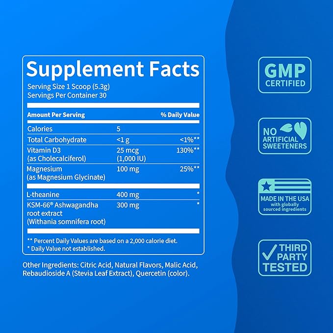 Nello Supercalm Powdered Drink Mix Tub Cortisol Reducer* and Sleep Aid Supplement L Theanine Ksm-66 Ashwagandha Magnesium Glycinate Vitamin D 3 No Sugar Non GMO On The Go 30 Ct Lemon Lime