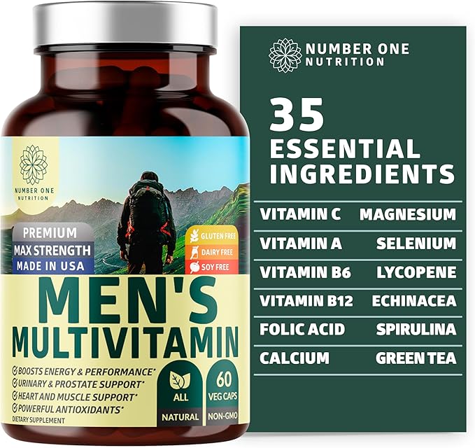 Number One Nutrition Premium Men's Daily Multivitamin Multimineral Supplement [Gluten Free Non-GMO] Vitamins A C E D B1 B2 B3 B5 B6 B12 Magnesium Biotin Sprulina and Zinc 60 Veg Caps