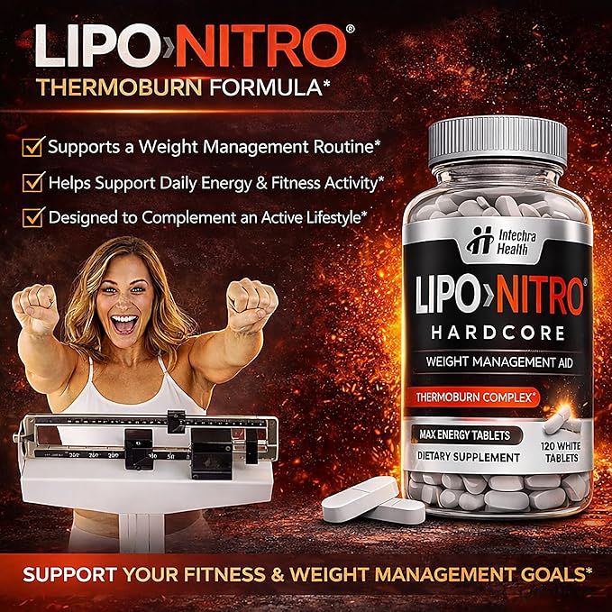 LipoNitro® Thermo-Burn Diet Pills with Nitro Energy Dietary Supplement Manufactured in USA - 120 White Tablets