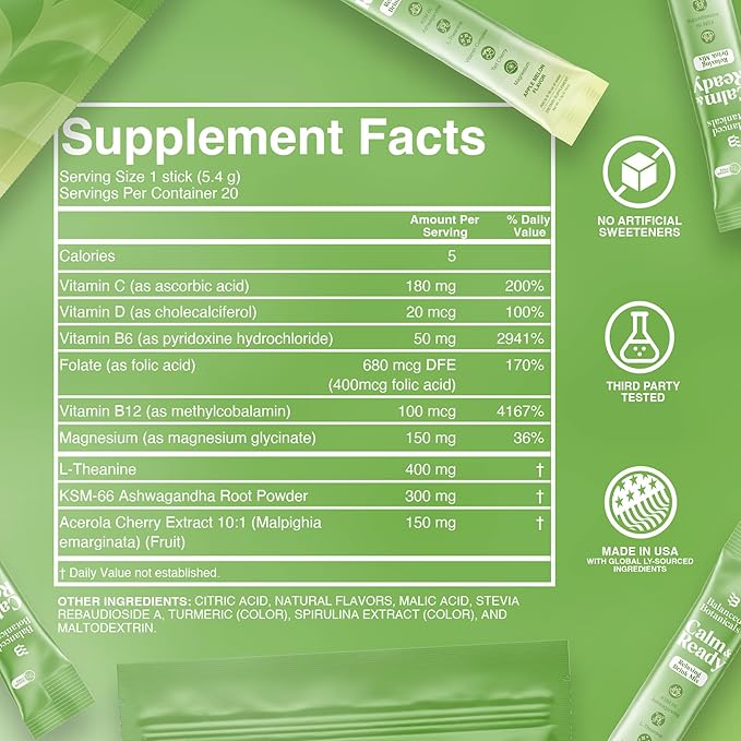 Calm and Ready Powder Drink Mix with Magnesium Glycinate Ashwagandha KSM 66 L Theanine and Tart Cherry Relaxation Support Supplement Apple Melon 20 Travel Packets