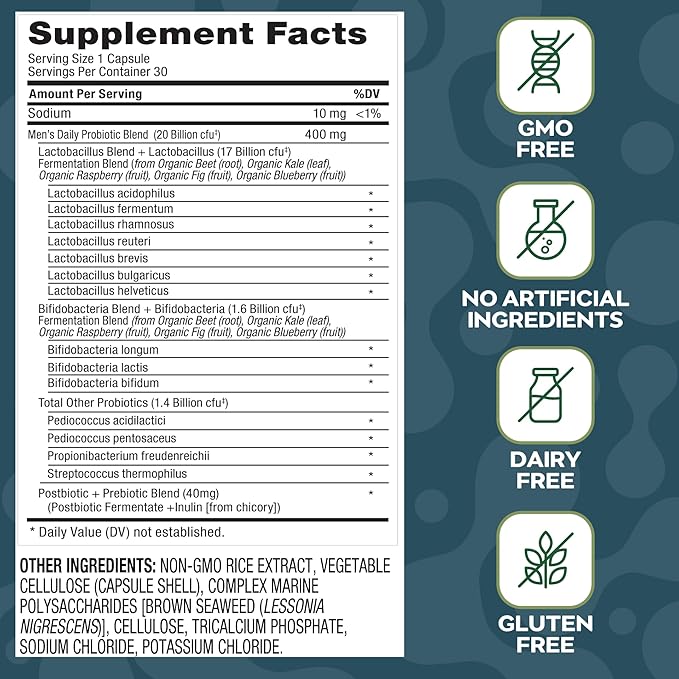 Men’s Probiotic | 20 Billion CFU | Prebiotic + Postbiotic Blend | Gut Colon &amp Immune Support | Vegan | Shelf-Stable | 30 Capsules