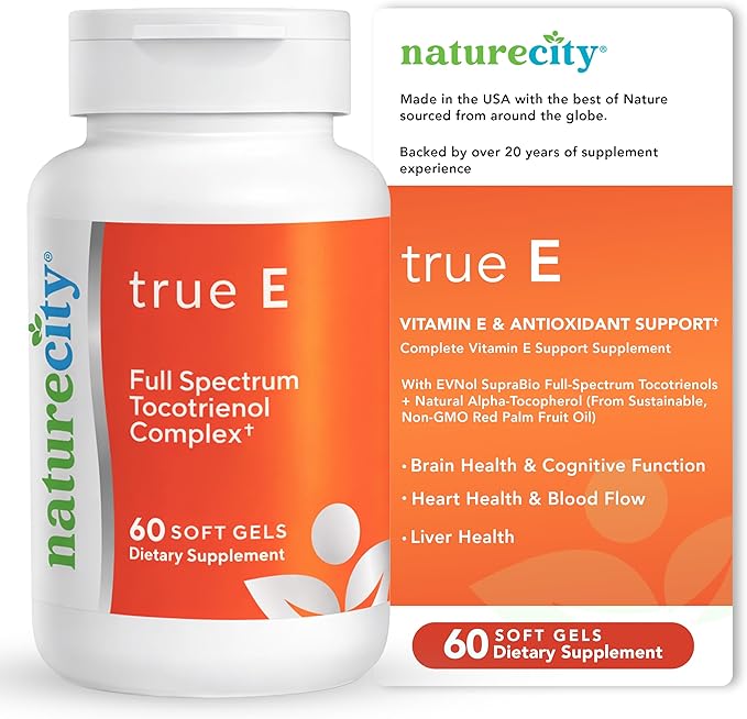 NatureCity True-E Full Spectrum Tocotrienols Vitamin E &amp Natural Alpha Tocopherol Supplement | Sustainable Vitamin E Tocotrienols from Evnol Suprabio | Non-GMO Vitamin E Complex | 60 Soft gels