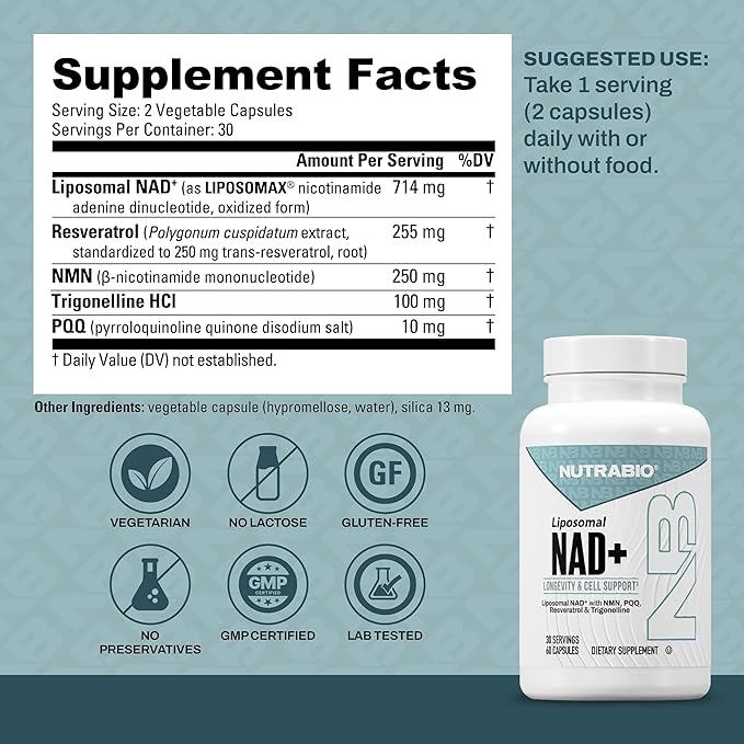NutraBio Liposomal NAD+ Supplement with Resveratrol NMN &amp PQQ for Longevity and Cell Support for Men and Women Long-Term Vitality 60 Capsules