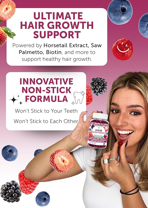 Lunakai USA Made Super Hair Gummies with Biotin Zinc Horsetail Extract &amp Saw Palmetto - Hair Growth Vitamins for Women &amp Men – Supports Thicker Longer Stronger Tresses Skin &amp Nails -