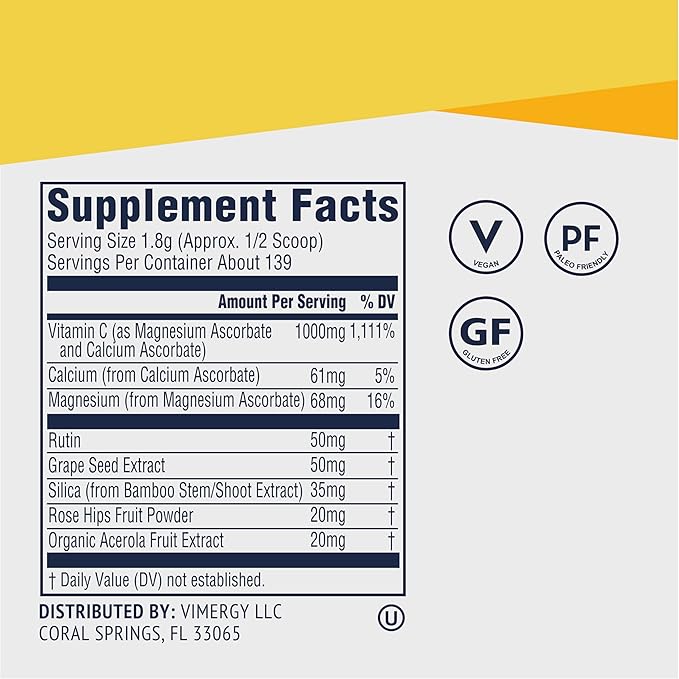 Vimergy Micro-C Immune Power TM *- 250g– 69 Servings – 2000mg/serving – Gentle Form – Antioxidant Phytonutrients – Immune &amp Nerve Support – Benefits Bone &amp Cartilage – Gluten-Free – Kosher – V